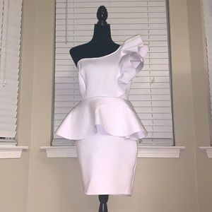 One Shoulder White Scuba Knit Mini Fashion Figure